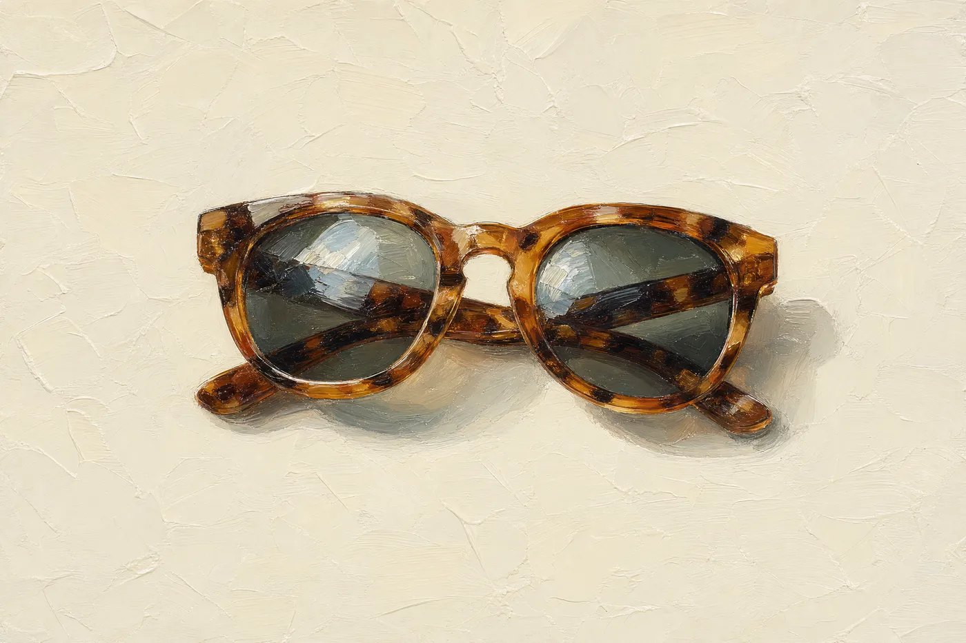 Zusammengeklappte Sonnenbrille mit Schildpattfassung und dunkelgrünen Gläsern